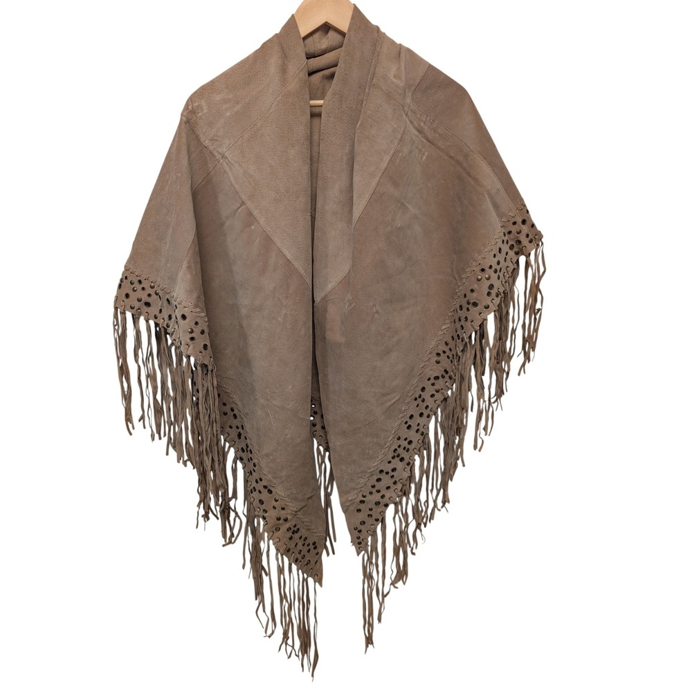 Newport News Tan Suede Leather Fringe Poncho Wrap Shawl Western Boho Studded